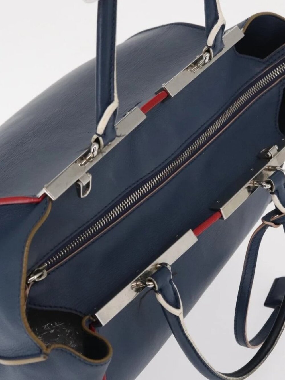 FENDI Trois Jules Hand Bag Leather Navy Silver Auth - Picture 9 of 16